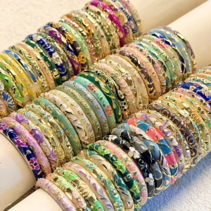 Colorful Enamel Floral Bangle Gold Trim Hollow Filigree Wrist Bracelet for Women Vintage Ethnic Daily Party Stackable Jewelry