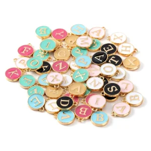 Colorful Enamel Initial Letter Keychain Charm A-Z Alphabet Gold Coin Pendant for DIY Keyring Bag Charm Accessories