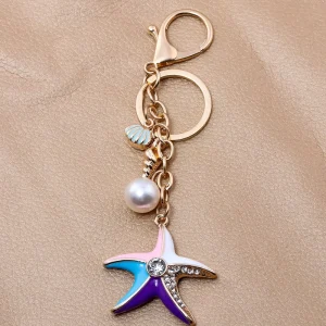 Colorful Enamel Starfish Keychain Rhinestone Seashell Conch Faux Pearl Ocean Theme Bag Charm with Lobster Clasp