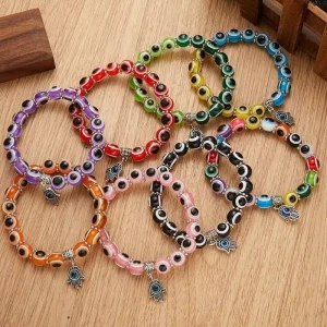 Colorful Eye Beaded Bracelet Silver Geometric Palm Pendant Bracelet for Women Halloween Party Prom Jewelry Gift