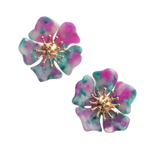 Colorful Five Petals Flower Stud Earrings Unisex Luxury Vintage Gold Plated Party Fashion Resin
