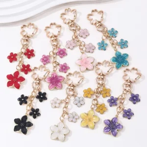 Colorful Flower Enamel Keychain Sweet Romantic Blossom Sakura Plant Bag Charm for Handmade DIY Jewelry Accessories Findings