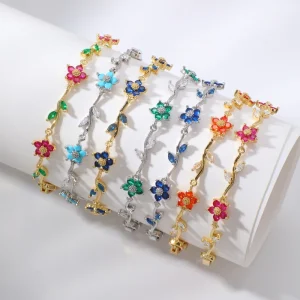 Colorful Flower Zircon Bracelet Gold Silver Plated Cubic Zirconia Leaf Charm Bracelets for Women Fashion Jewelry