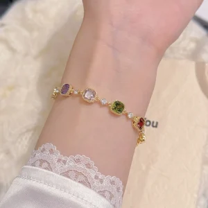 Colorful Gemstone Chain Bracelet Gold Plated for Women Office and Daily Wear Bracelet
