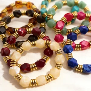 Colorful Geometric Irregular Bead Elastic Bracelet Ombre Acrylic Metallic look Woven Fashion Bangle