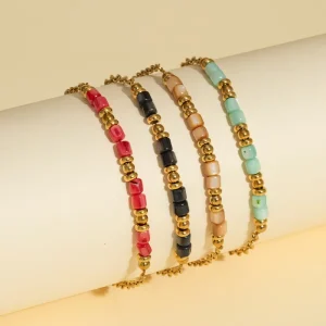 Colorful Geometric Square Bead Bar Station Gold Spacer Adjustable 18K PVD Gold Plated Stainless Steel Bracelet Women