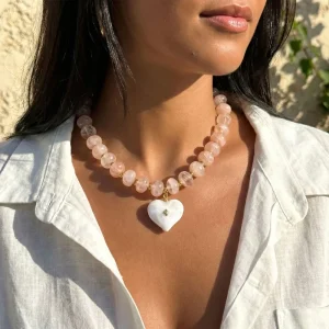 Colorful Gold Acrylic Beaded Choker Necklace Big Red Heart Pendant Statement Jewelry Women Gift Summer Beach Fashion Accessories