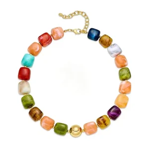 Colorful Gold Plated Large Square Resin Necklace for Women Geometric Acrylic Beads Chunky Fashion Beaded Jewelry
