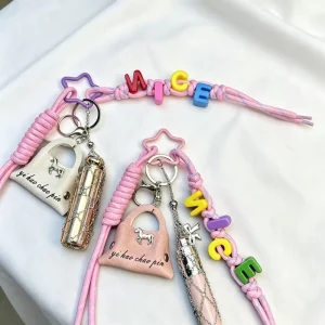 Colorful Letter Woven Rope Bag Stainless Steel Pendant Lipstick Mesh Bag Keychain for Women