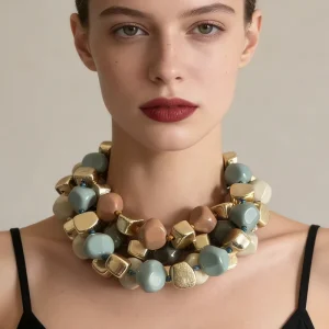 Colorful Matte Orange Chunky Resin Bead Necklace with Gold Alloy square Beads Fashion Costume Jewelry for Women