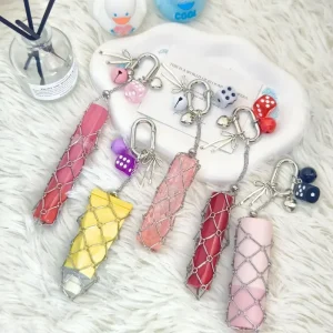 Colorful Metal Mesh Lipstick Tube Keychain Dice Bell Decorative Accent Bag Chain Multi Hue Playful Gift