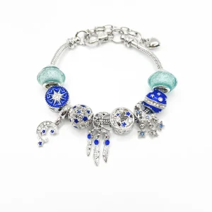 Colorful Moon Four Leaf Clover Butterfly Bracelet, Heart Charm Beaded Strand, Fashion Jewelry