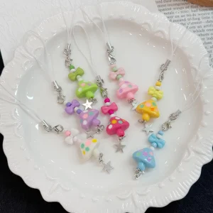 Colorful Mushroom Keychain Phone Strap Pendant Bow Resin Charm Bag Keychain Accessory Hanging Chain