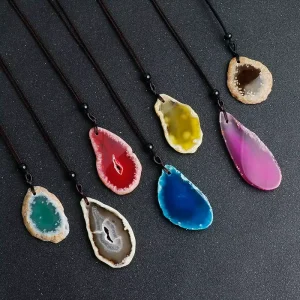 Colorful Natural Agate Slice Rough Stone Pendant Irregular Cluster Energy Stone Necklace Unique Design for Decor Spiritual Gift