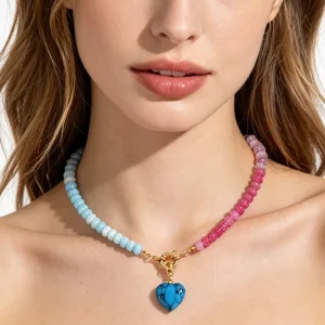 Colorful Natural Stone Beaded Heart Pendant Collar Necklace Women Fashion Jewelry Accessories Gift Box Fresh Style Set