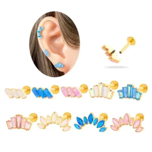 Colorful Opal Flat Back Tragus Earring ASTM F136 Titanium Ear Lobe Earrings Cartilage Internally Thread Piercing Jewelry