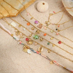 Colorful PVD 18K Starfish and Conch Shell Stainless Steel Choker Necklace for Women