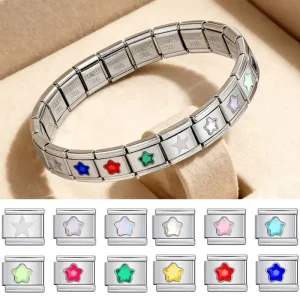 Colorful Pentagram Rhinestone Charm Link Fit 9mm Stainless Steel Jewelry Gifts Making Italian Charm Bracelet DIY Beads