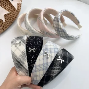 Colorful Plaid Fabric Wide Edge Headband with Bow Sponge Headband High Skull Top Headband Versatile Sweet Women Hair Accessory