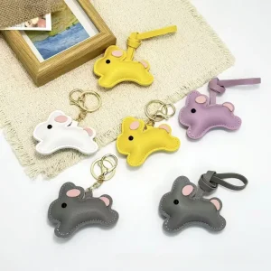 Colorful Rabbit Bag Charm Cute PU Leather Bunny Keychain Kawaii Rabbit Bag Charm with Metal Clasp and With Long Strap Gift