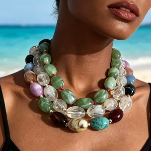 Colorful Rainbow Chain Necklace with Marble Amber Round Beads