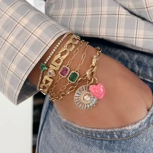 Colorful Rectangle Cubic Zirconia Paperclip Chain Gold Plated Bracelet Bangle Women Fine Jewelry