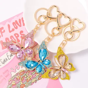 Colorful Rhinestone Butterfly Keychain Sparkling Heart Charm Keyring Fashion Korean Cute Girl Gift Accessory Kawaii