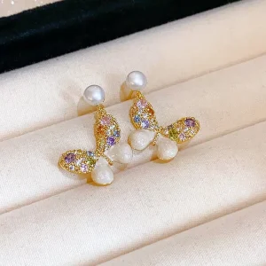 Colorful Rhinestone Butterfly Pearl Earrings Women’s Light Luxury High End Temperament Earrings