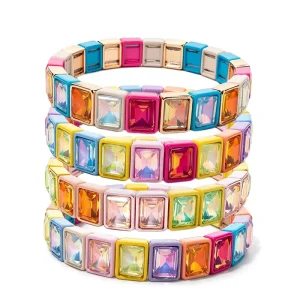 Colorful Rhinestone Inlaid Alloy Tile Beaded Stretch Bracelet Handmade Rainbow Stackable Jewelry with REACH Certificate