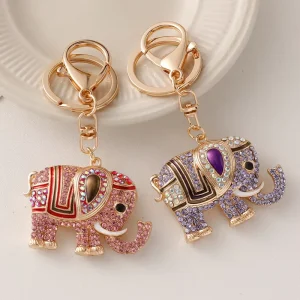 Colorful Rhinestone Inlaid Cartoon Elephant Keychain Gold-Plated Metal Pendant 3D Shape Carabiner Fashion Ethnic Style Bag Charm