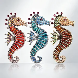 Colorful Rhinestone Seahorse Brooch Creative and Adorable Marine Animal Gold plated Alloy Pin for Ladies’ Jewelry