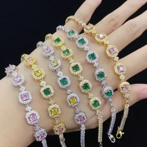 Colorful Silver Gold Plated CZ Stone Cubic Zirconia Tennis Square Bracelet Custom Crystal Bracelets for Women Girls Jewelry