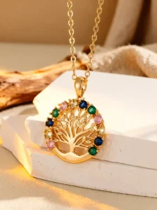 Colorful Tree of Life Pendant Necklace Zircon Copper Alloy Romantic Jewelry Gift for Women