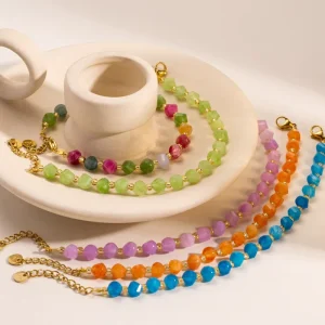 Colorful Waterproof Irregular Beaded Glass Seed Bead Bracelet Stainless Steel Blue Green Stone Bracelet