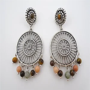 Colorful Women’s Antique Silver Plated Zinc Alloy Jade Round Soil Bead Bezel Setting Fashion Elegant Drop Earrings