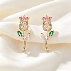 Colorful Zircon Crystal Tulip Stud Earrings 14K Gold Plated Copper Alloy Women’s Fashion Jewelry for Wedding Party & Bridal Gift