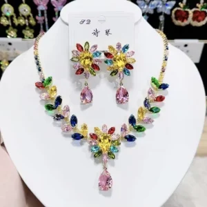Colorful Zircon Necklace Earring Set 925 Silver Needle Earring Necklace 3 Piece Jewelry Set