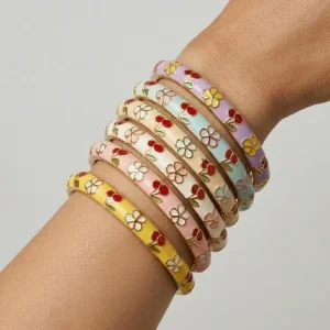 Colourful Oil Drip Cherry Cloisonne Open Bangle Women Zinc Alloy Enamel Flower Bracelet