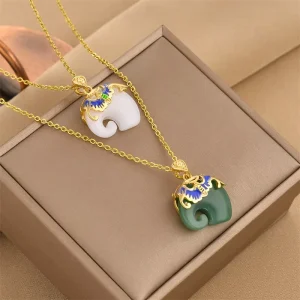 Comiya Chinese Style Gold Plated Green White Jade Saddle Elephant Pendant Necklaces Women Link Chain Accessories Gifts Fashion