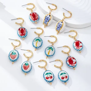 Comiya Fashion Jewelry Summer Ceramic Printed Cherry Fruits Lobster Crab Fruit Dangle Earring Pendant Womens Earrings