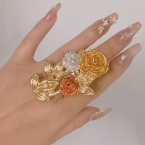 Copper Alloy Colorful Rose Italian Gold Plated Big Ring Adjustable African Women Rings Party Costume Accessories