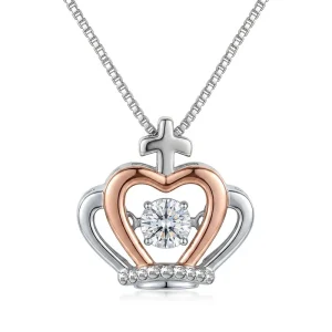 Copper Crystal Crown Cross Pendant Necklace Two Tone Rose Gold Plated Box Chain Necklace for Women Fashion Jewelry Gift