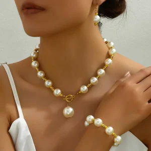 Copper Fashion Fine Jewelry Vintage Luxury Pearl Necklace Bracelet Earring Set for Wedding Party