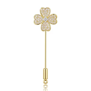 Copper Gold Plated Four Leaf Clover Lapel Pin Full Cubic Zirconia Brooch Fashion Korean Style Women’s Clothing Stick Pin Jewelry
