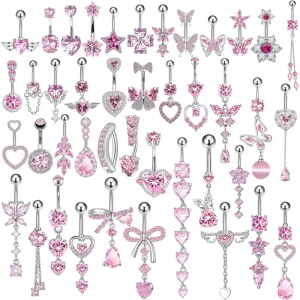 Copper Inlaid Zircon Pink Series Perforated Heart Shape Unisex Belly Button Ring