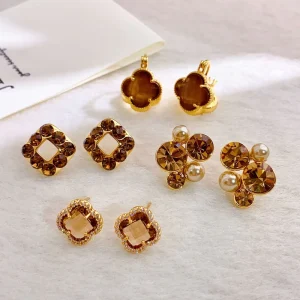 Copper Plated 18K Gold French Autumn Winter Vintage Tea Crystal Rhinestone Women’s Stud Earrings