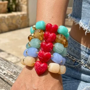 Copper Resin Beaded Stretch Bracelet with Red Heart Charm Bohemian Style Jewelry for Anniversary & Party