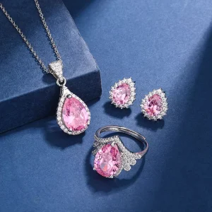 Copper Sakura Pink Jewelry Set with Pink Zircon for Women Sweet Fashionable Gift Versatile Necklace Ring Earrings
