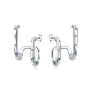 Copper Silver Plated C Shaped Stud Earrings for Women Multicolor CZ Star Inlaid Fashion Jewelry Gift