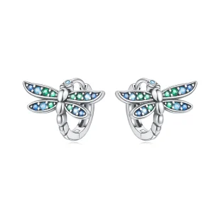 Copper Silver Plated Dragonfly Dangle Hoop Earrings for Women Green Blue CZ Inlaid Fashion Jewelry Gift